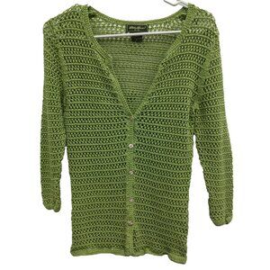 Eddie Bauer Womens Cardigan Small Kelly Green Open Knit Button Front Preppy